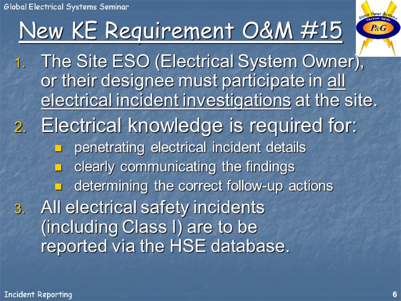 New KE Requirement O&M #15 The Site ESO (Electrical System Owner), or their designee